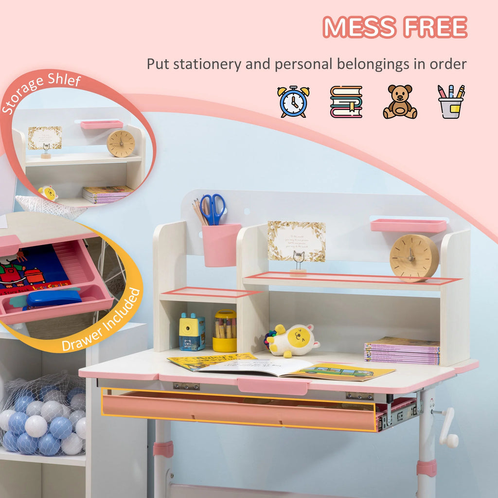 Pink Wooden Kids Study Desk with Drawer and Storage Shelf P654