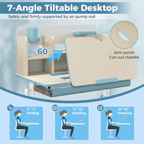 Pink Kids Desk with 7-Level Tiltable Desktop, Height Adjustable Table with Bookshelf, Pull-Out Drawer & Pen Holder I3834