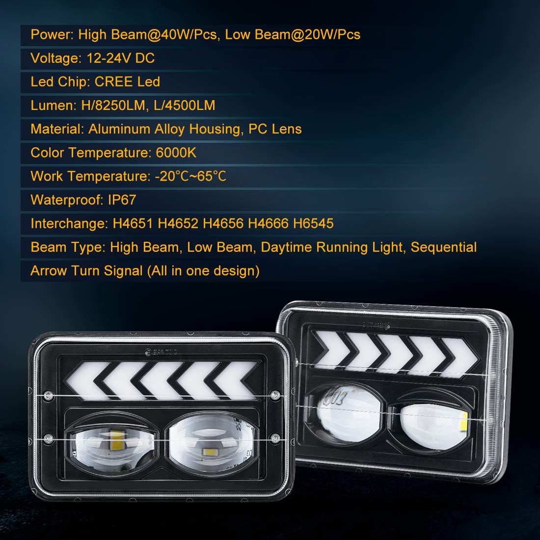 4pcs 4x6 inch LED Headlights Hi/Lo Beam Halo DRL Turn Signal Rectangular Replacement K83466