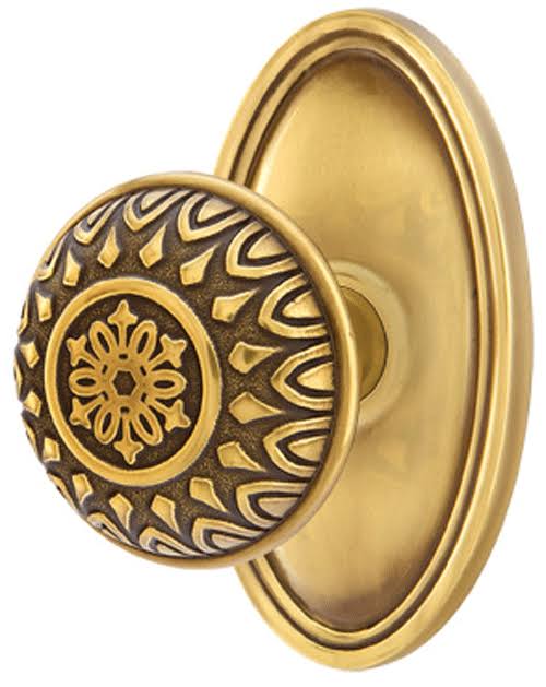 Antique Brass Solid Brass Door Knob Set with Oval Rosette B128330