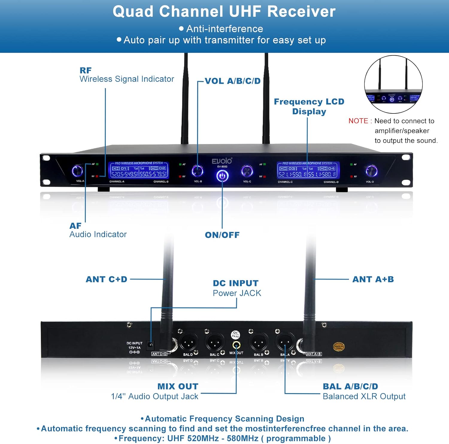 4 Adjustable Channel UHF Wireless Microphone System with 4 Metal Handheld Mics J99226