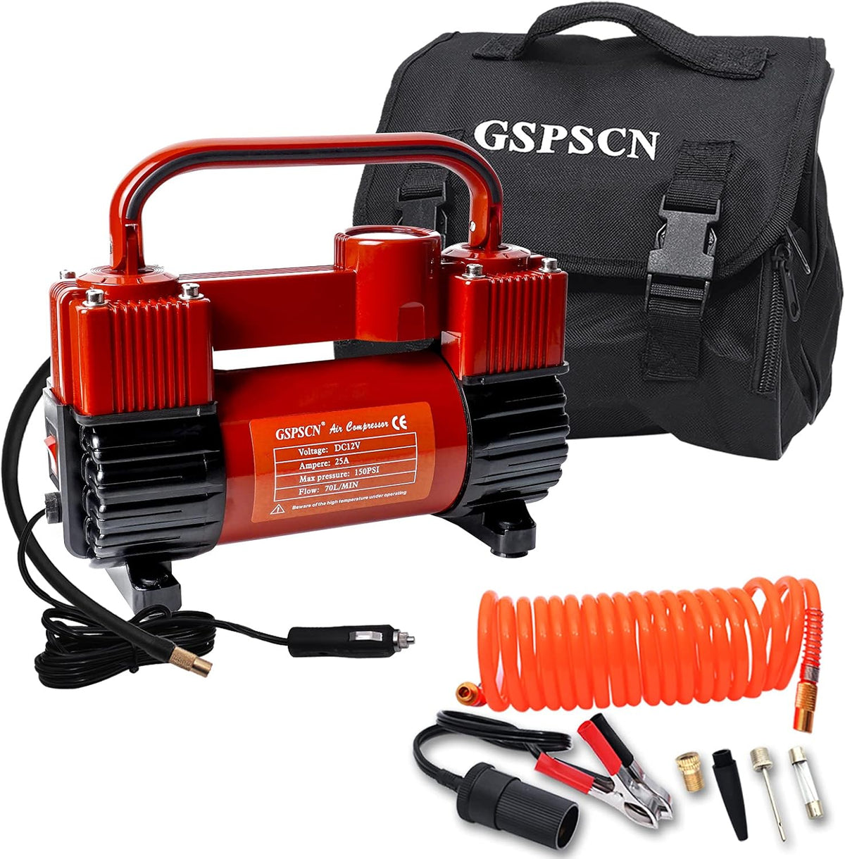Silver Tire Inflator Heavy Duty Double Cylinders Portable Bag Metal 12V Air Compressor Pump 150PSI with Adapter V484687