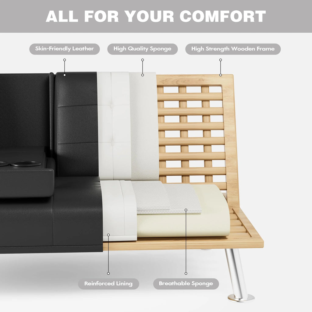 Black Faux Leather Convertible Futon Sofa Bed with Removable Armrests A693273