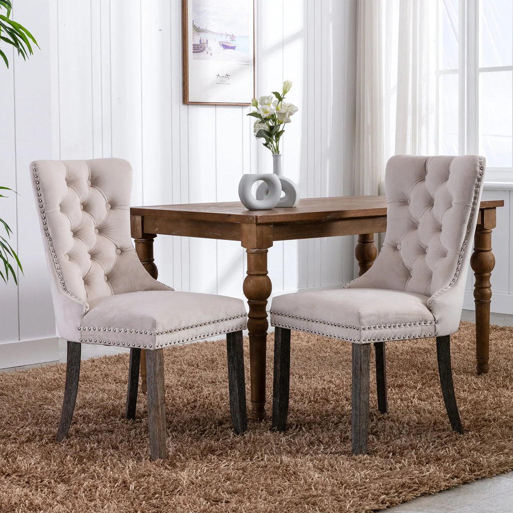 Beige Velvet Tufted Dining Chairs Set of 4 Y7568
