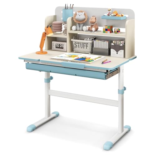 Pink Kids Desk with 7-Level Tiltable Desktop, Height Adjustable Table with Bookshelf, Pull-Out Drawer & Pen Holder I3834