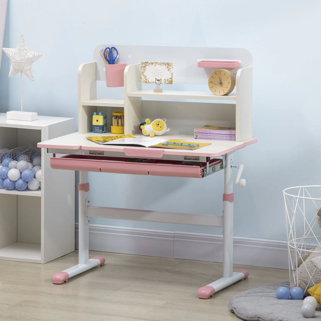 Pink Wooden Kids Study Desk with Drawer and Storage Shelf P654