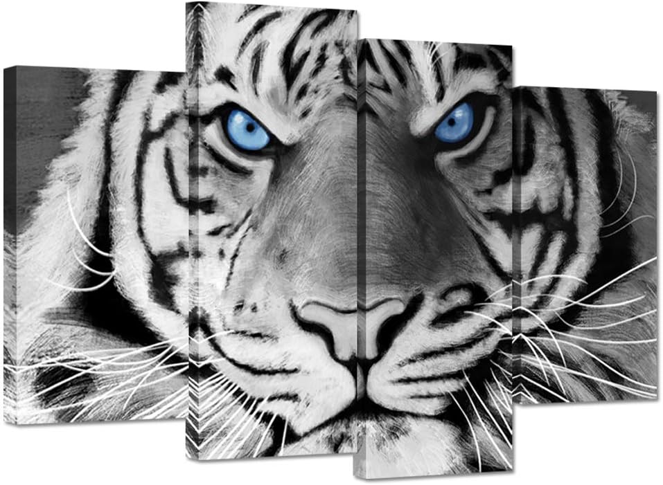 4 Panel Black And White Tiger Canvas Wall Art Stretched And Framed E435