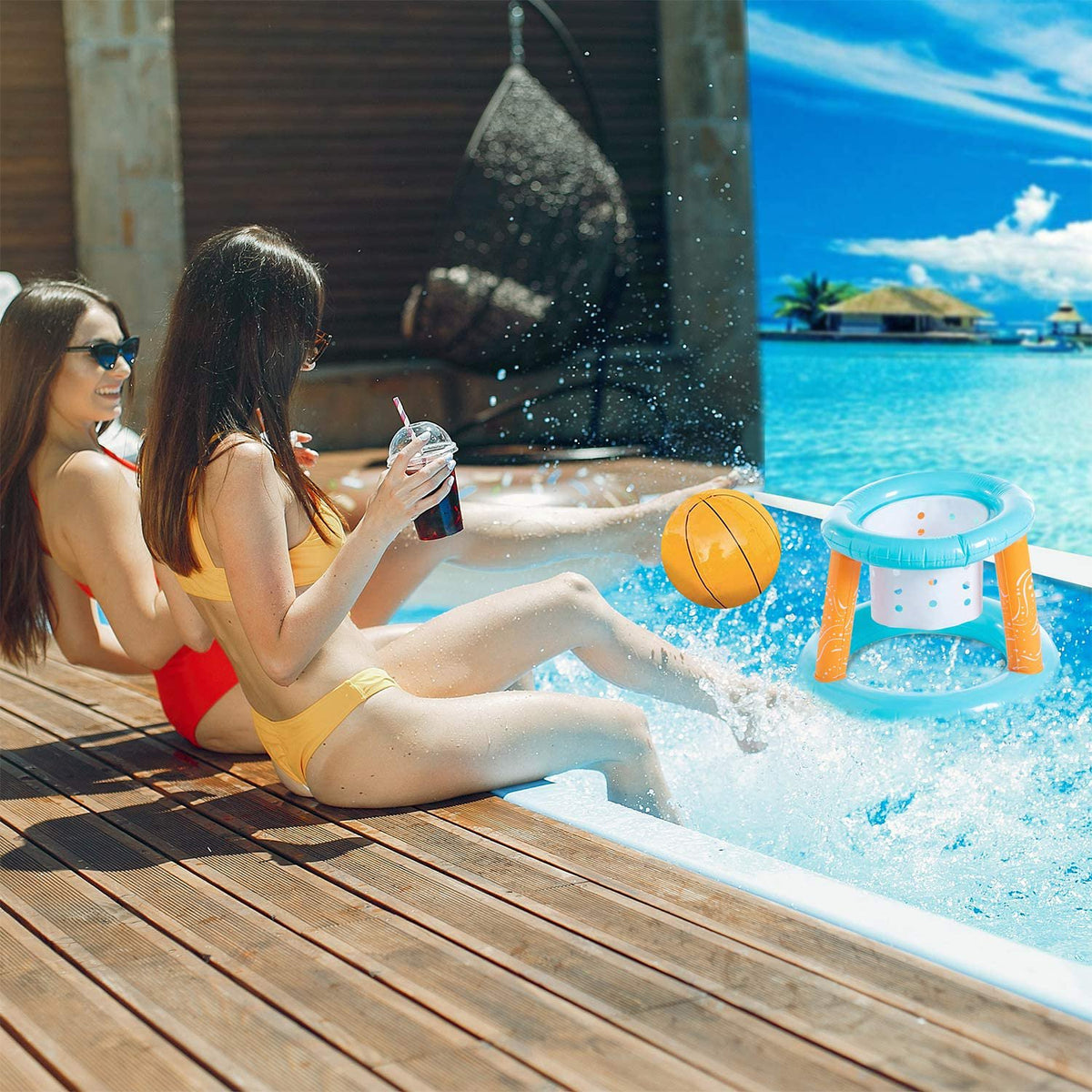 Inflatable Pool Float Set with Volleyball Game and Basketball Hoops, 2 Balls I779100