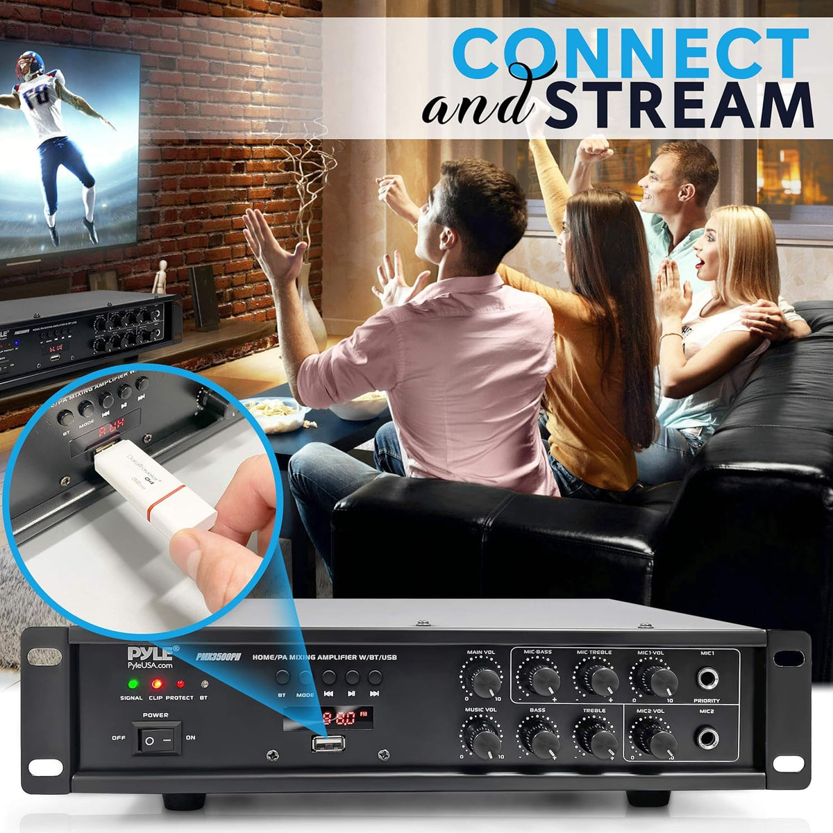 500W Rack Mount Stereo Power Amplifier Receiver with FM Radio, USB, AUX, Mic, Optical, Coaxial U3019