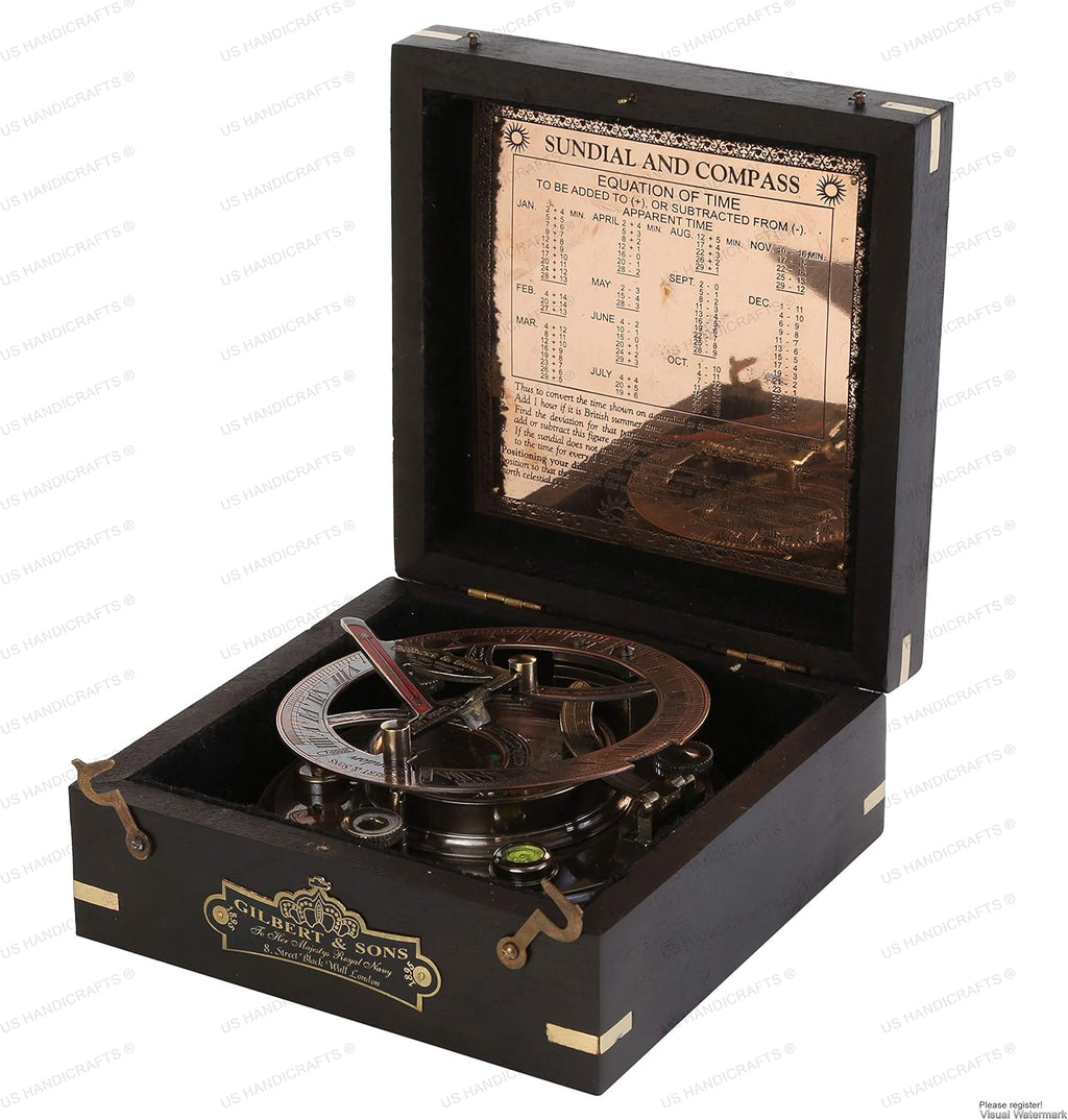 Sundial Compass with Black Wooden Case Brass Sundial V81550