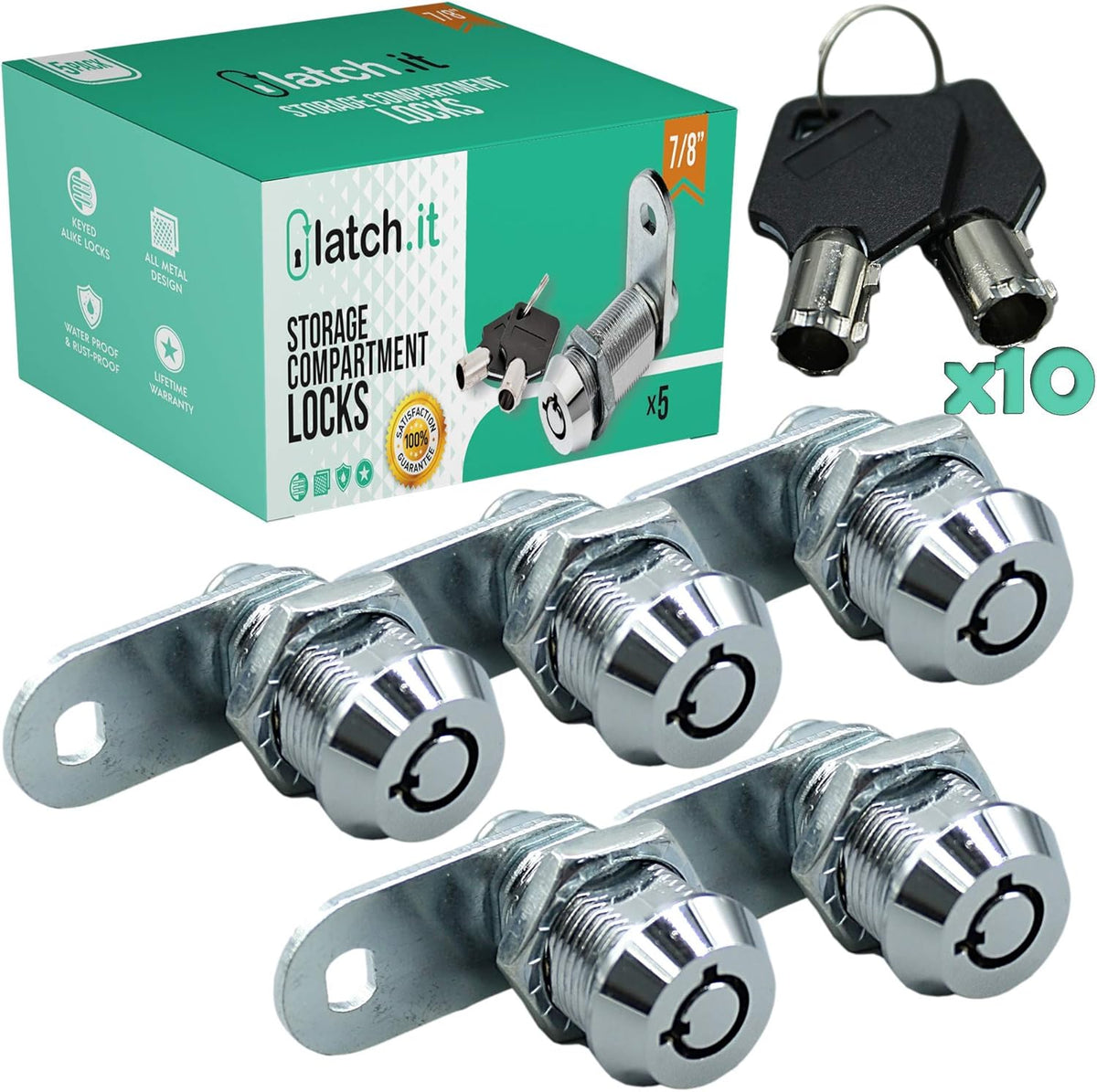 1-1/8" 5-Pack Metal RV Cam Locks with 10 Keys U677790
