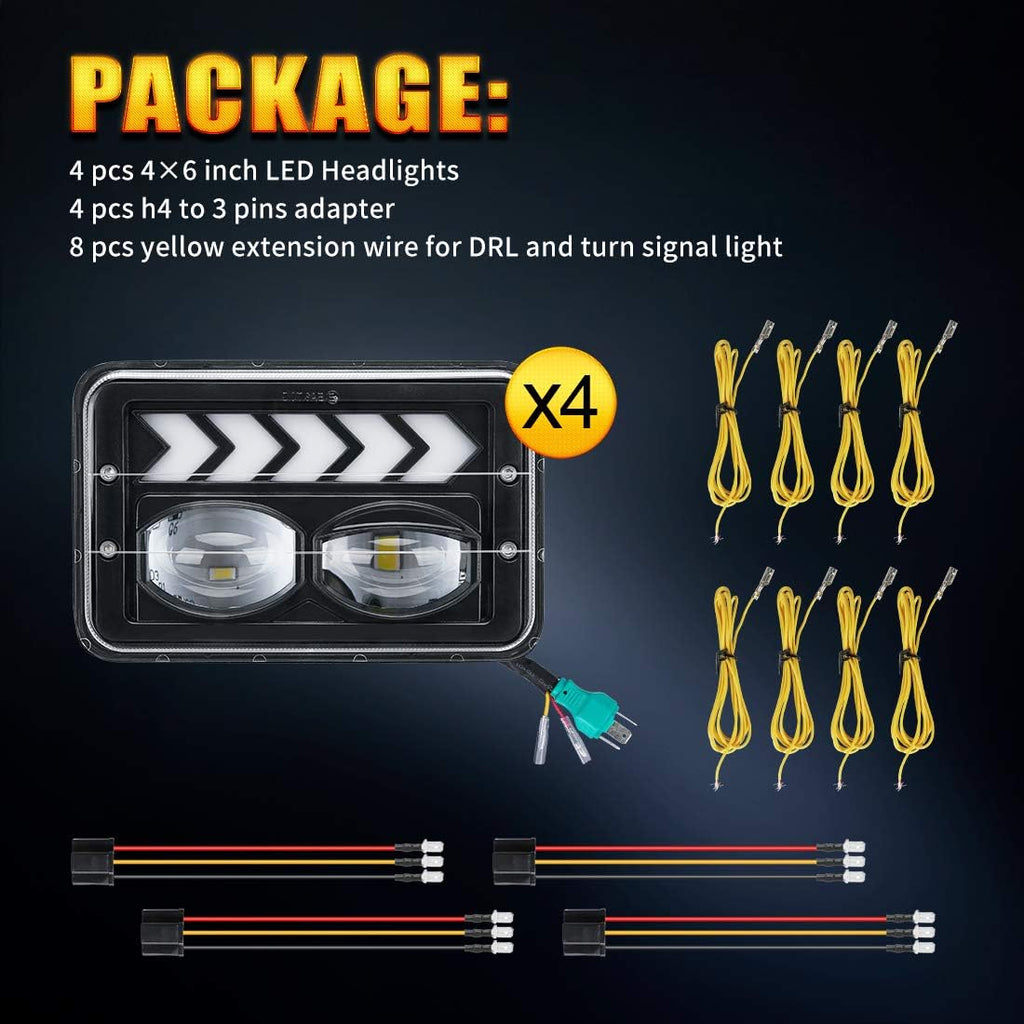 4pcs 4x6 inch LED Headlights Hi/Lo Beam Halo DRL Turn Signal Rectangular Replacement K83466