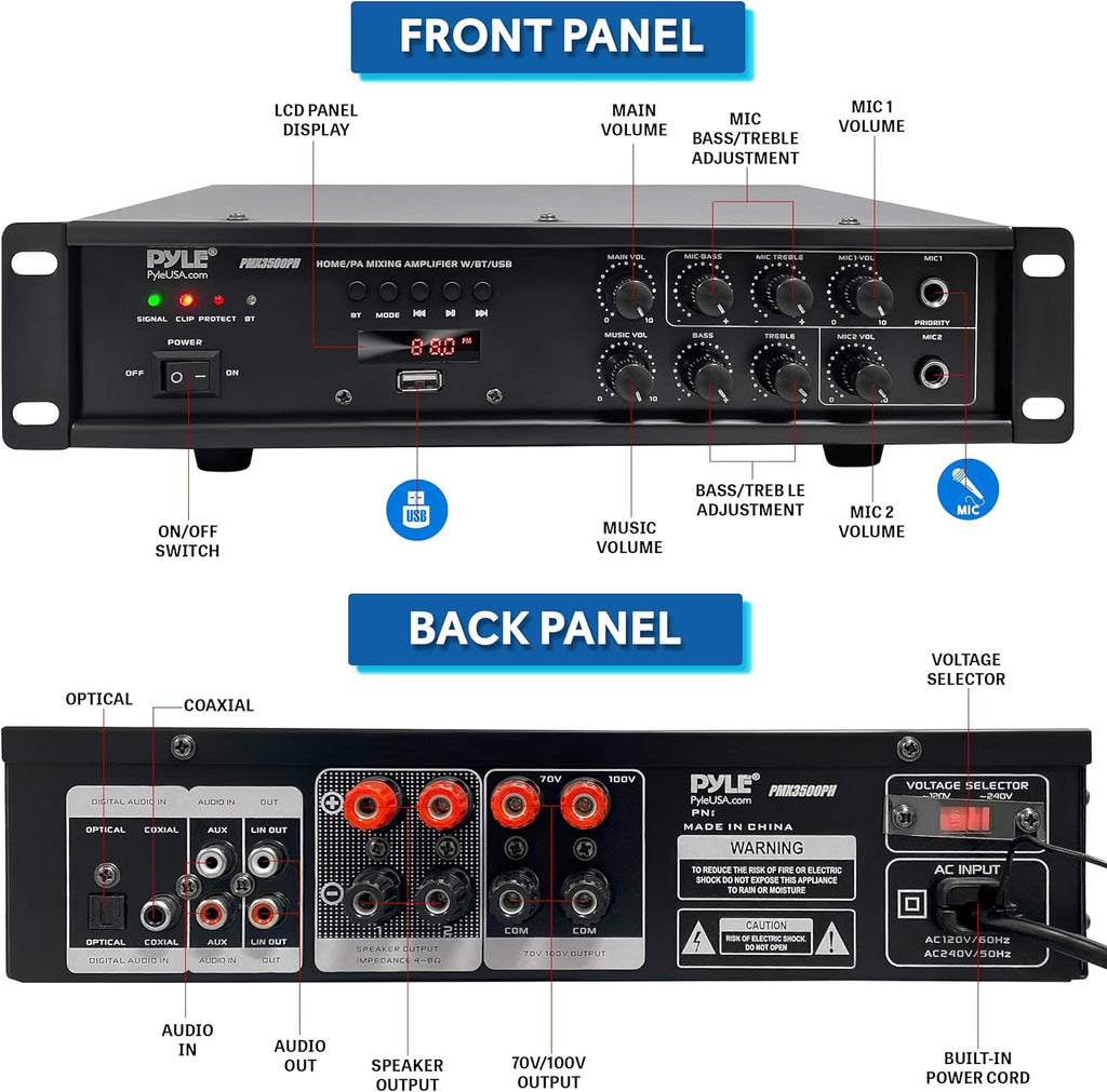 500W Rack Mount Stereo Power Amplifier Receiver with FM Radio, USB, AUX, Mic, Optical, Coaxial U3019