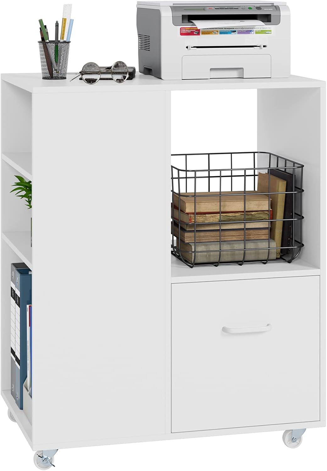 White Wood Mobile File Cabinet with Drawer and Rolling Wheels U866