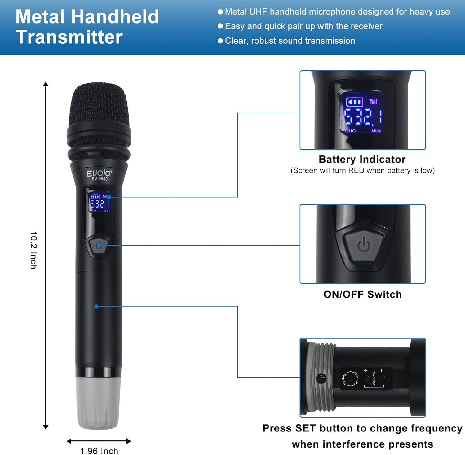 4 Adjustable Channel UHF Wireless Microphone System with 4 Metal Handheld Mics J99226