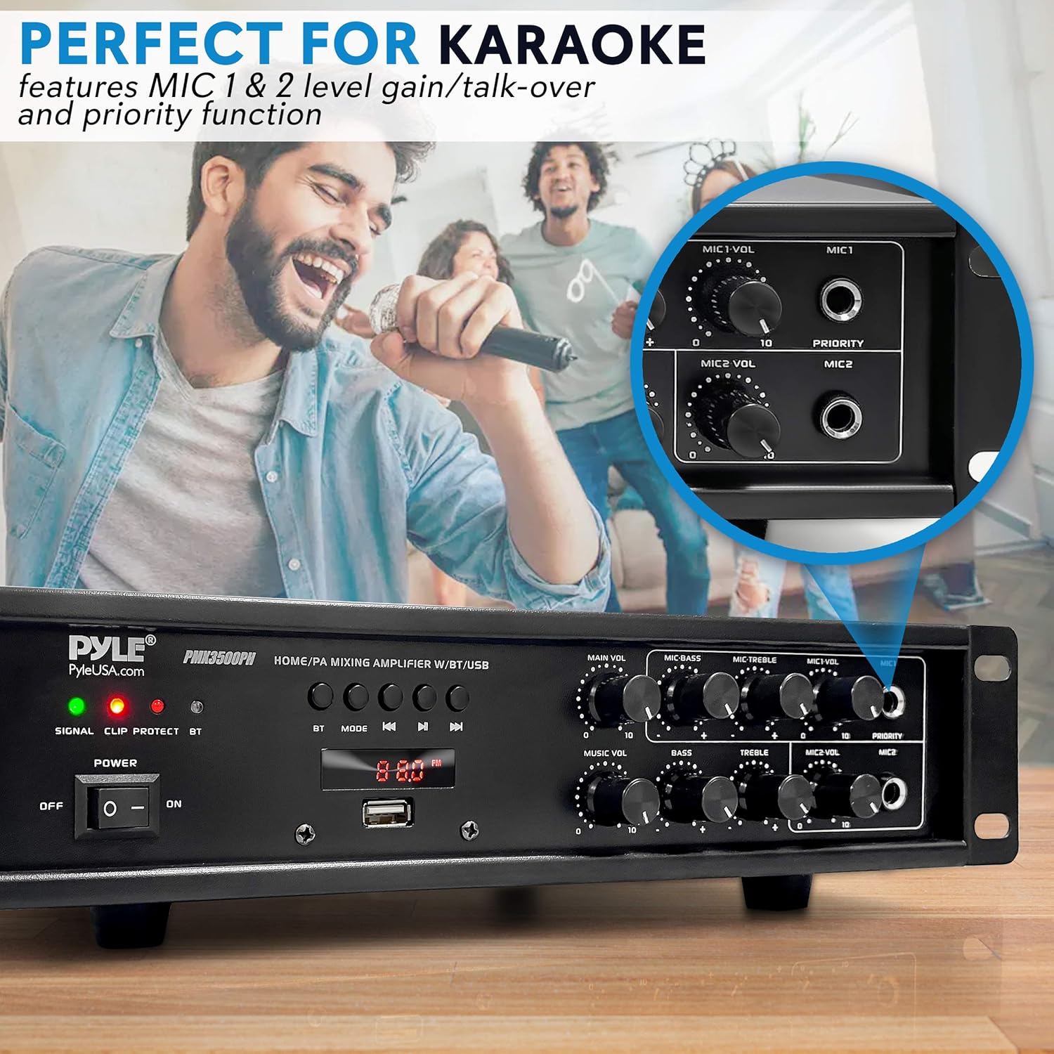 500W Rack Mount Stereo Power Amplifier Receiver with FM Radio, USB, AUX, Mic, Optical, Coaxial U3019