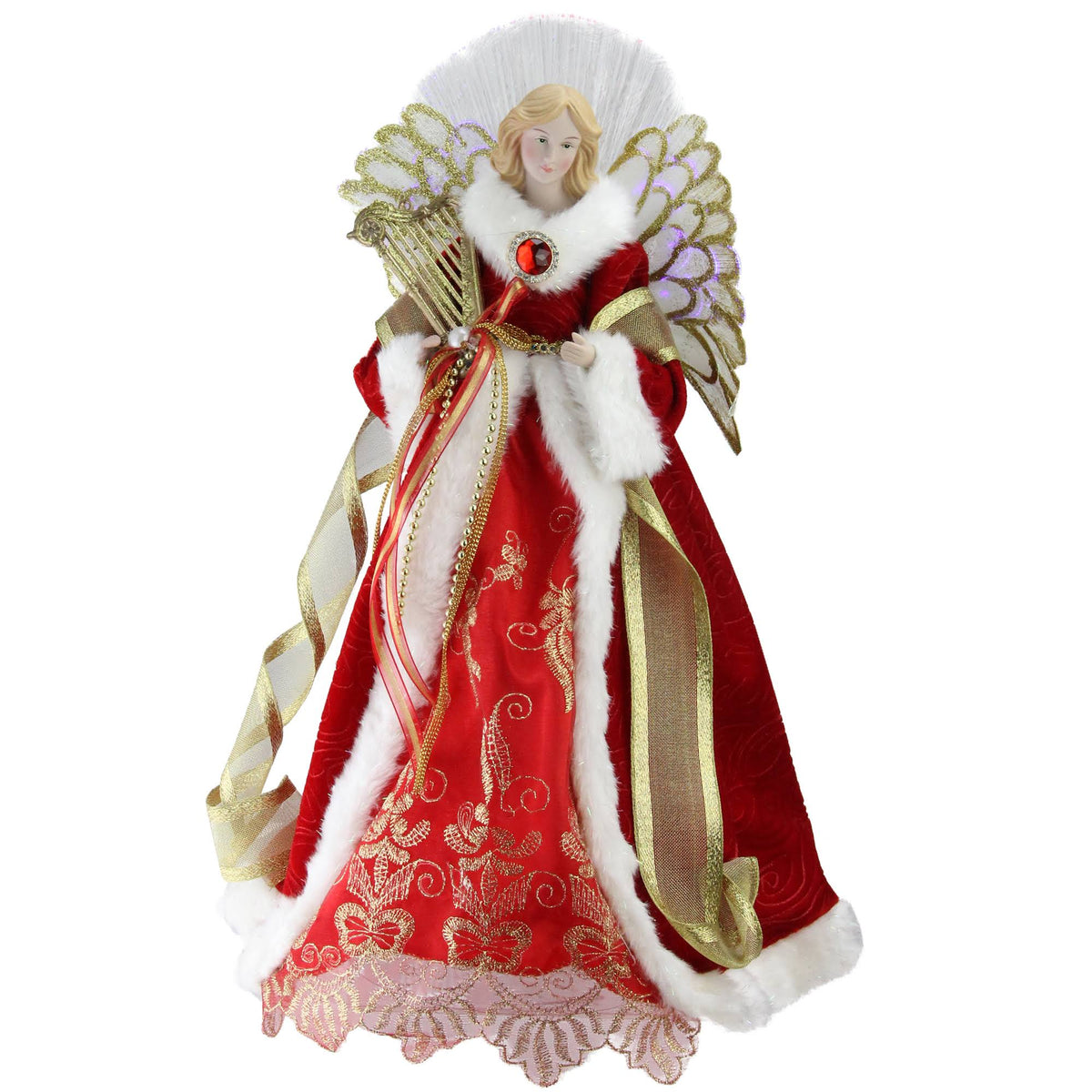 16x22 Lighted Fiber Optic Angel in Garnet Red Coat with Harp Christmas Tree Topper S100438