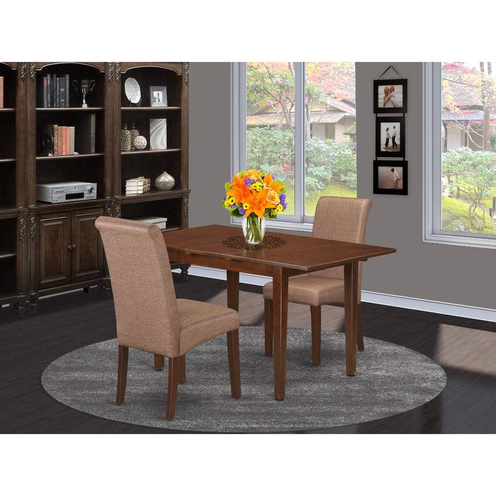 3PC Kitchen Table with Linen Brown Fabric Parson Chairs with Mahogany Chair Legs I294966