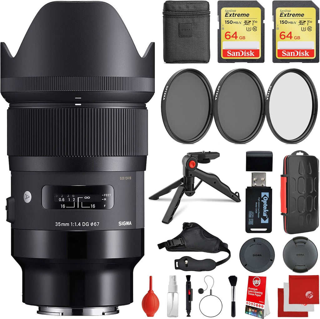 35mm f/1.4 Lens Leica L-Mount Bundle with 2X 64GB Memory Cards, 3 Piece Filter Kit, Wrist Strap, Card Reader, Memory Card Case, Tabletop Tripod R2323