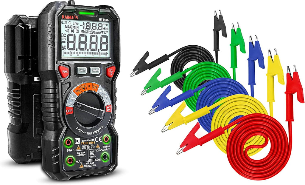 TRMS 6000 Counts Digital Multimeter with 5PCS Alligator Clips Electrical Test Leads Set, Measures Voltage Current Amp Resistance Diodes Continuity Duty-Cycle Capacitance, Pack of 2 R379319