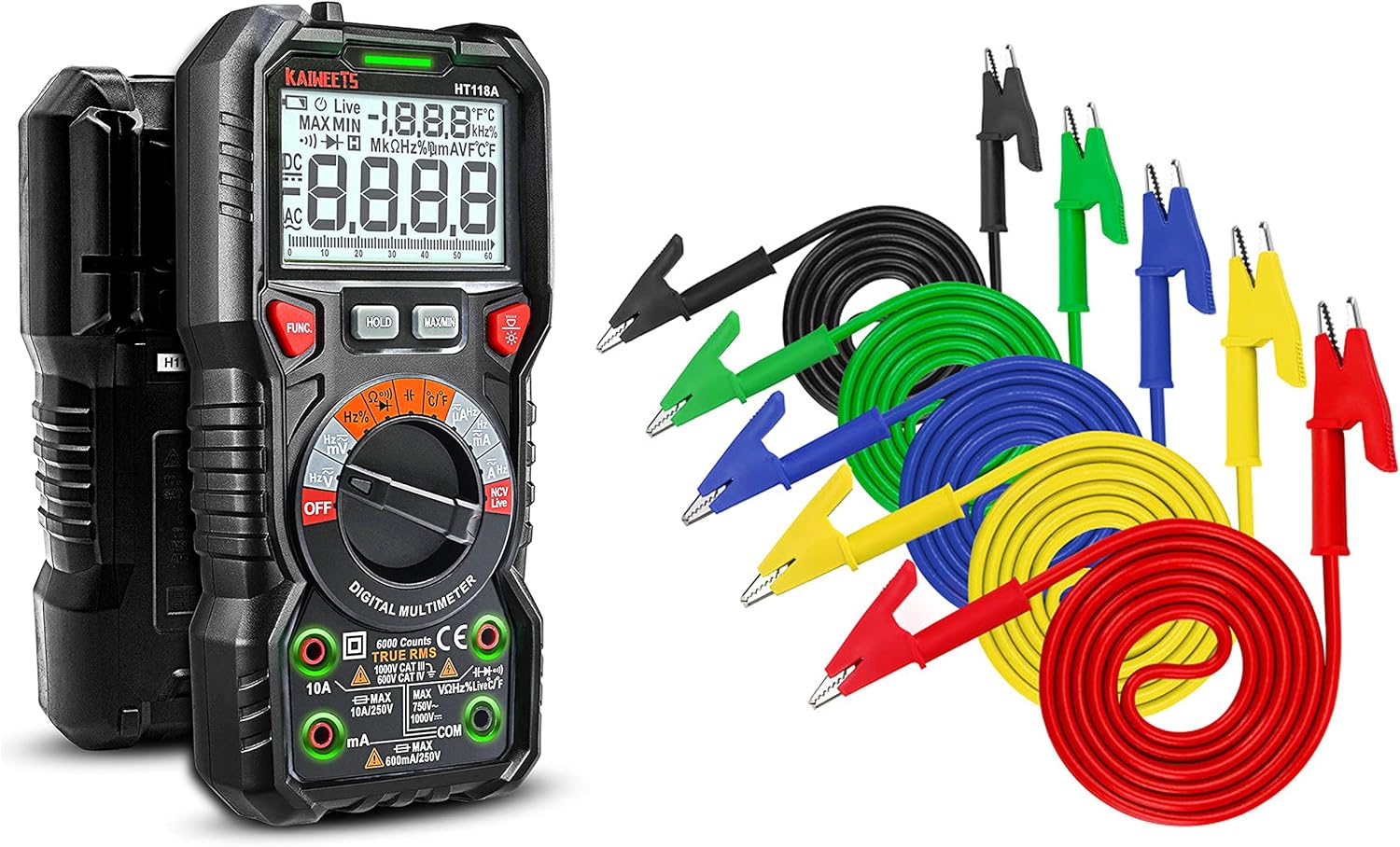 TRMS 6000 Counts Digital Multimeter with 5PCS Alligator Clips Electrical Test Leads Set, Measures Voltage Current Amp Resistance Diodes Continuity Duty-Cycle Capacitance, Pack of 2 R379319