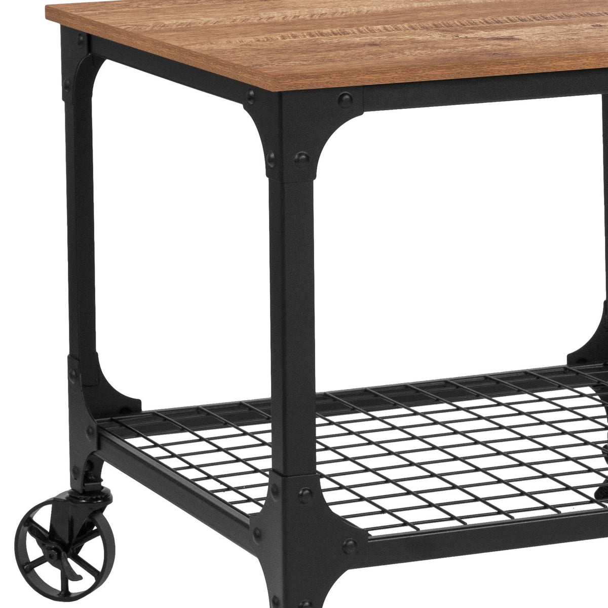 Rustic Wood Grain and Industrial Iron Kitchen Serving Bar Cart H44220