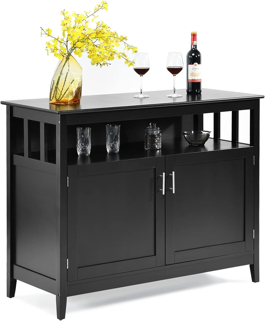 Black Kitchen Storage Sideboard Cabinet with 2 Level Cabinets and Open Shelf R1107