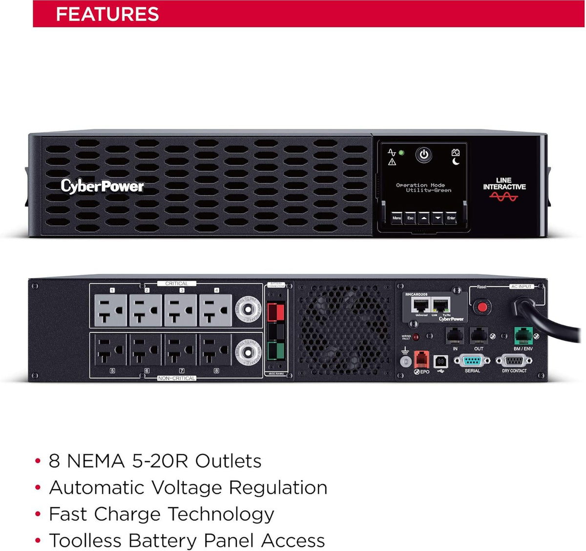 Smart App Sinewave UPS System, 2200VA/2200W, 8 Outlets, 2U Rack/Tower A295832