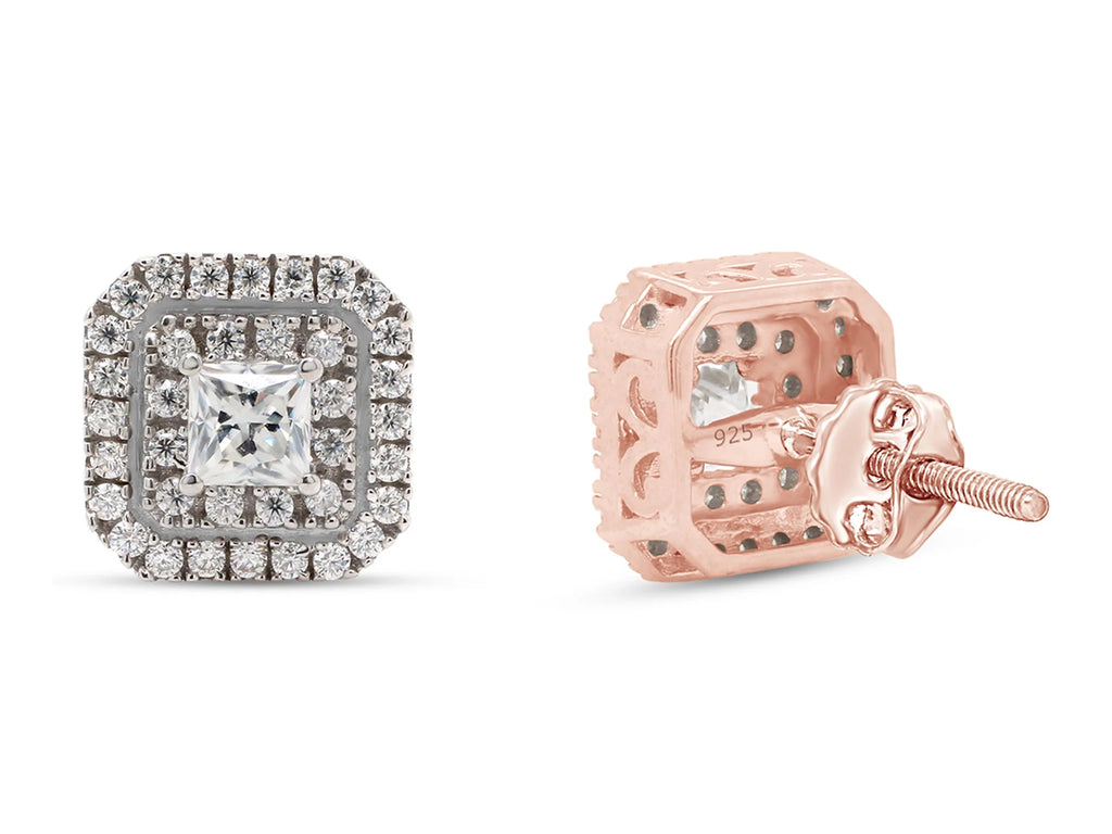 1 Carat Princess & Round Cut Lab Created Moissanite Double Halo Stud Earrings In 14K Rose Gold Over Sterling Silver M300001