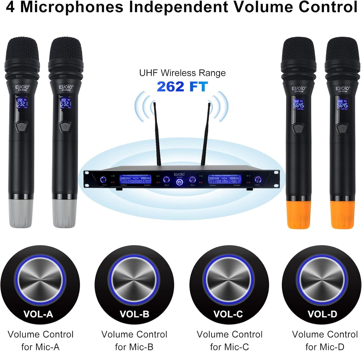 4 Adjustable Channel UHF Wireless Microphone System with 4 Metal Handheld Mics J99226