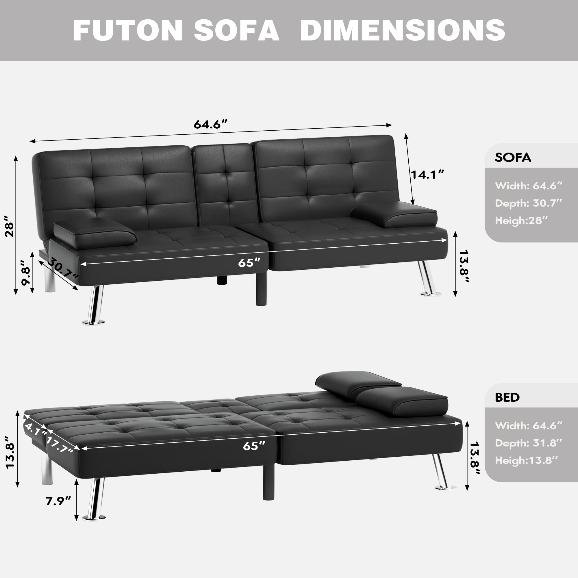 Black Faux Leather Convertible Futon Sofa Bed with Removable Armrests A693273
