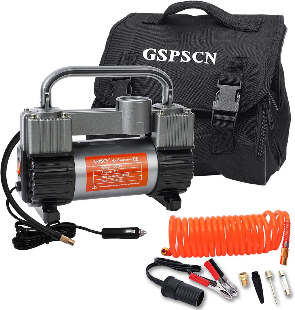 Silver Tire Inflator Heavy Duty Double Cylinders Portable Bag Metal 12V Air Compressor Pump 150PSI with Adapter V484687
