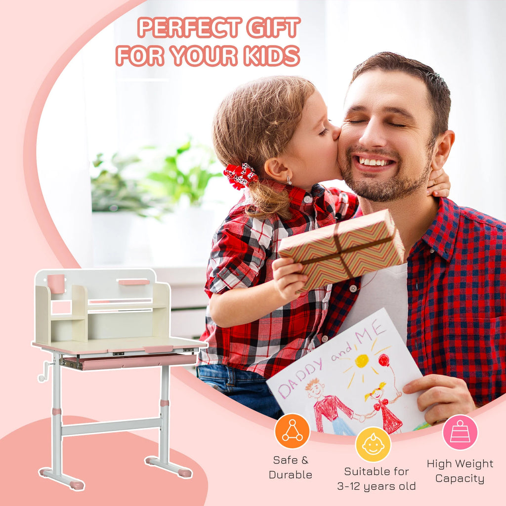 Pink Wooden Kids Study Desk with Drawer and Storage Shelf P654