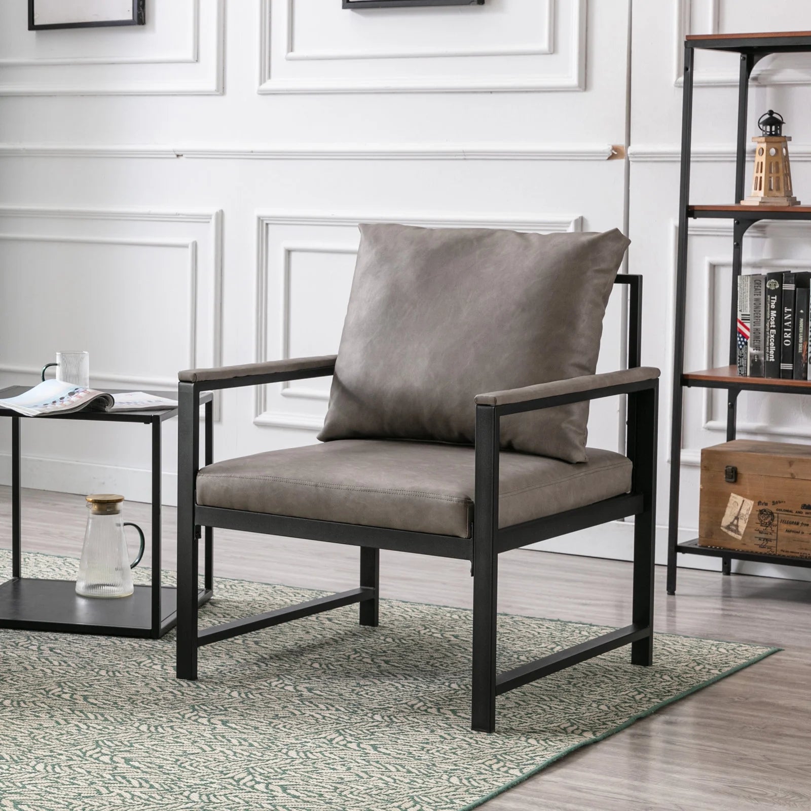 Gray Faux Leather Accent Chair with Black Metal Frame C67469