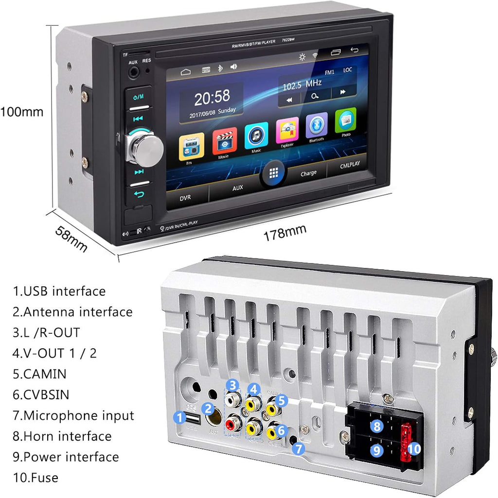 6.2 Inch Double Din Car Multimedia Player with Bluetooth, USB, SD, FM Radio Receiver, Backup Camera Pack of 2 P612430
