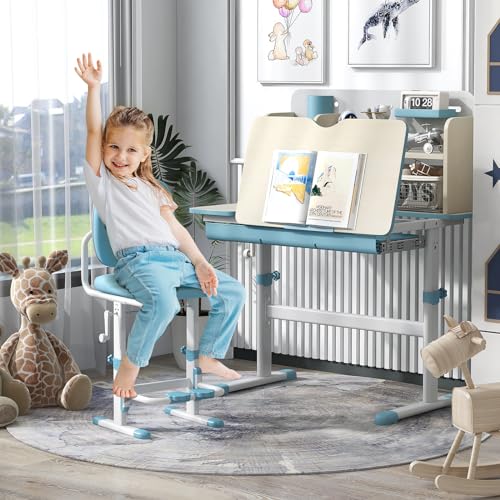 Pink Kids Desk with 7-Level Tiltable Desktop, Height Adjustable Table with Bookshelf, Pull-Out Drawer & Pen Holder I3834