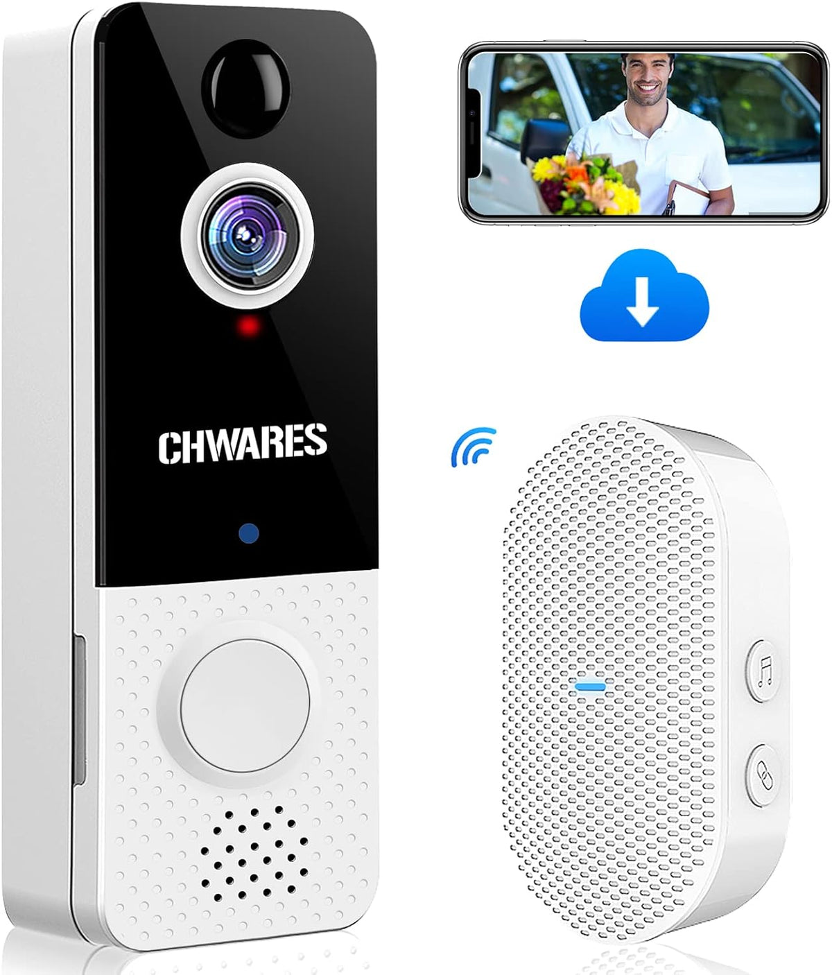 Wireless Video Doorbell Camera 1080p HD with Chime, Motion Detector, Night Vision, 2-Way Audio, Battery Powered T4884