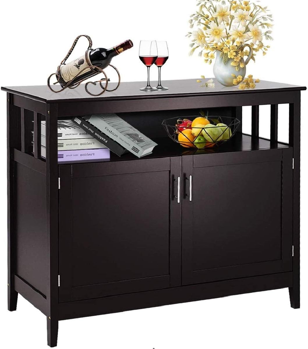 Black Kitchen Storage Sideboard Cabinet with 2 Level Cabinets and Open Shelf R1107