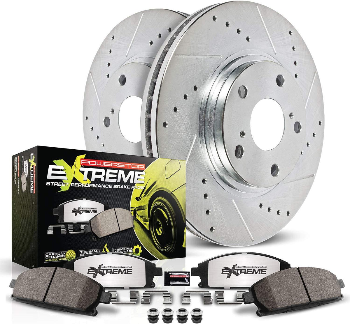 Front Z26 Carbon Fiber Brake Pads with Drilled & Slotted Brake Rotors Kit Pack of 2 Q886