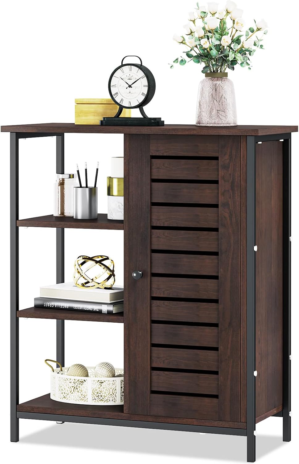 Dark Walnut Storage Cabinet with Metal Frame S49106