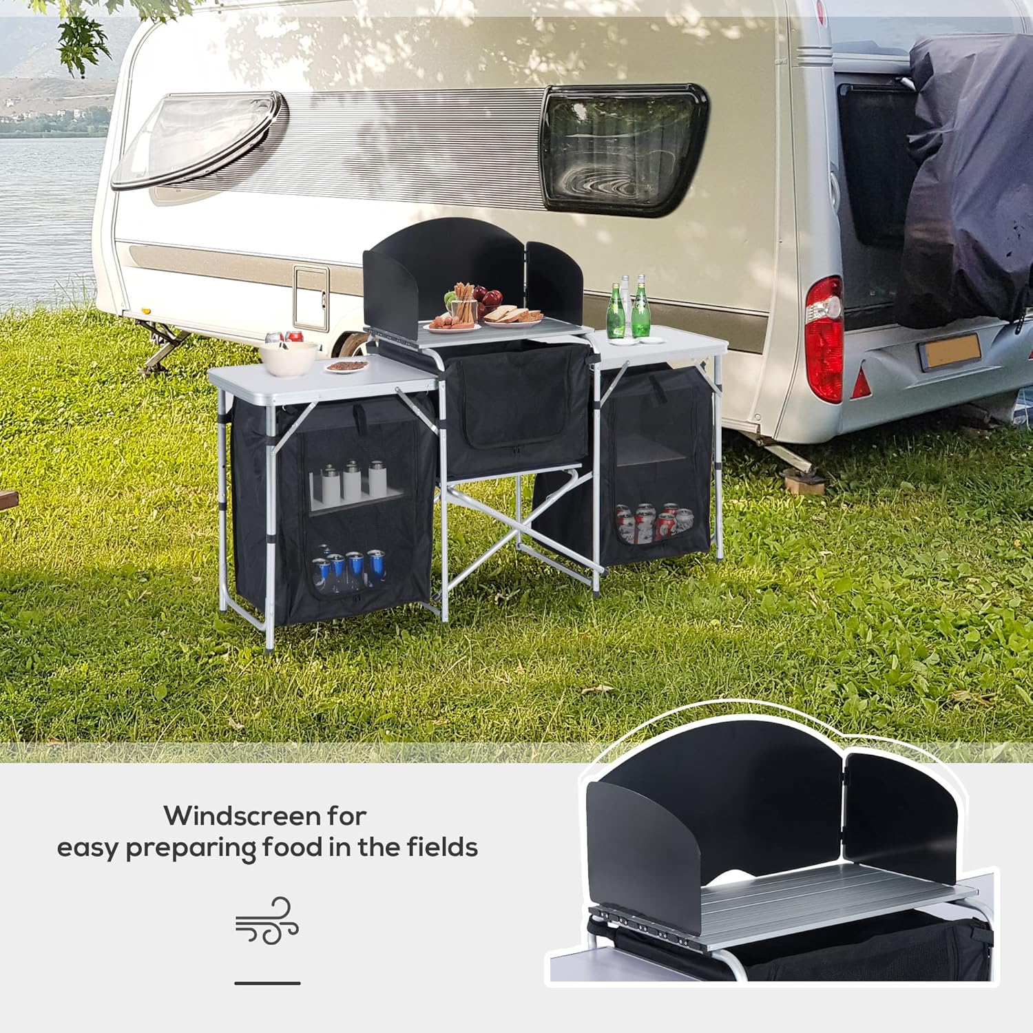 6' Aluminum Portable Camping Kitchen with Windscreen and 5 Cupboards S45095