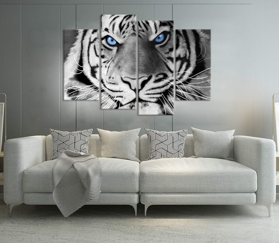 4 Panel Black And White Tiger Canvas Wall Art Stretched And Framed E435