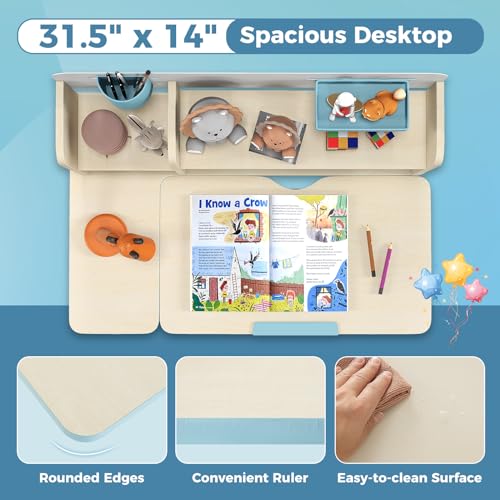 Pink Kids Desk with 7-Level Tiltable Desktop, Height Adjustable Table with Bookshelf, Pull-Out Drawer & Pen Holder I3834