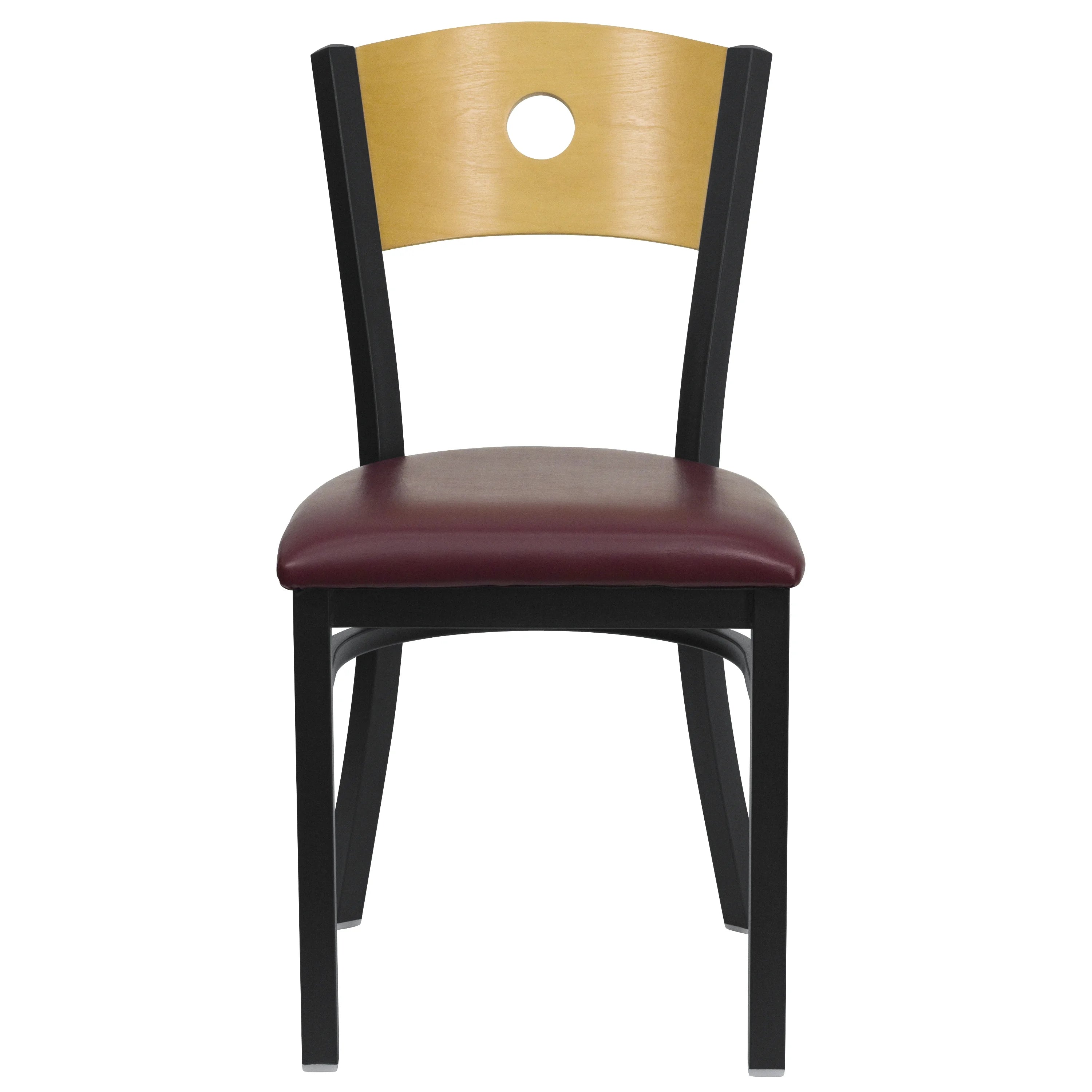 Black Circle Back Metal Restaurant Chair with Burgundy Vinyl Seat I586