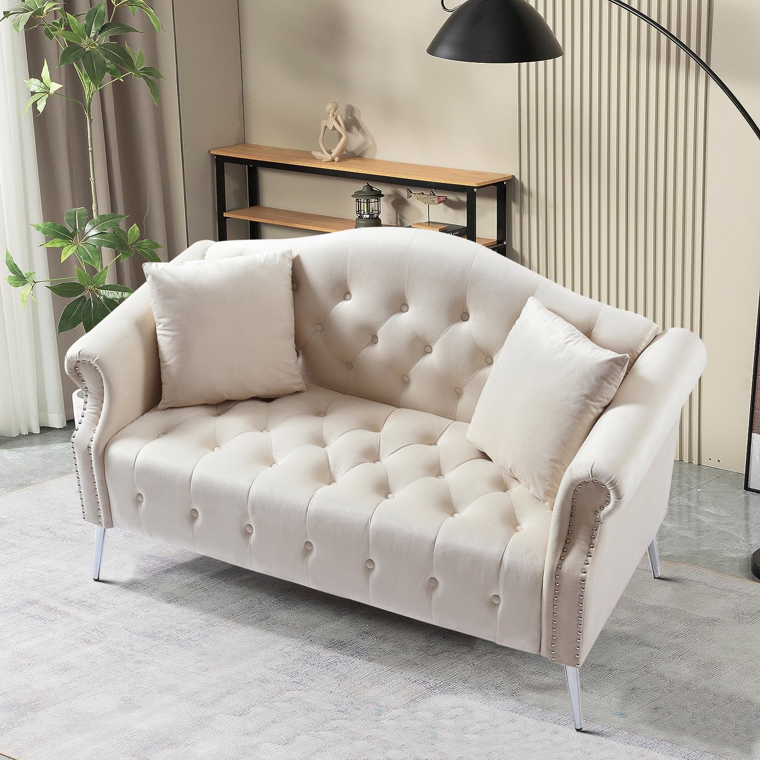 Beige Velvet Button Tufted Loveseat Sofa with Roll Armrest and Metal Legs O824