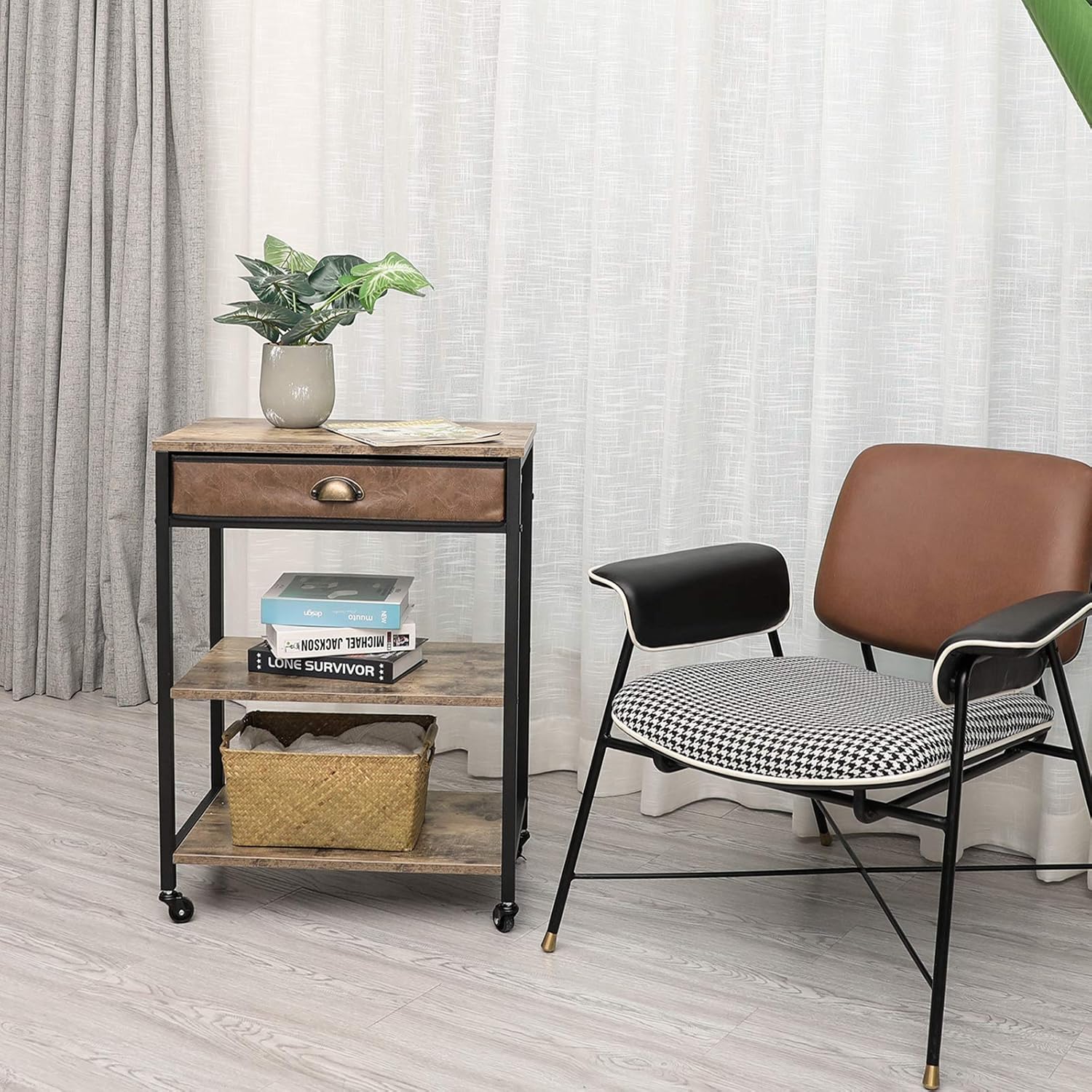Rustic Brown 3 Tier Printer Cart with Drawer M765