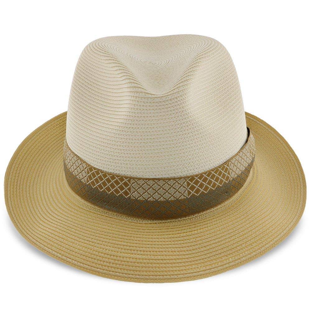 Ivory/Cognac Straw Fedora Hat P7410