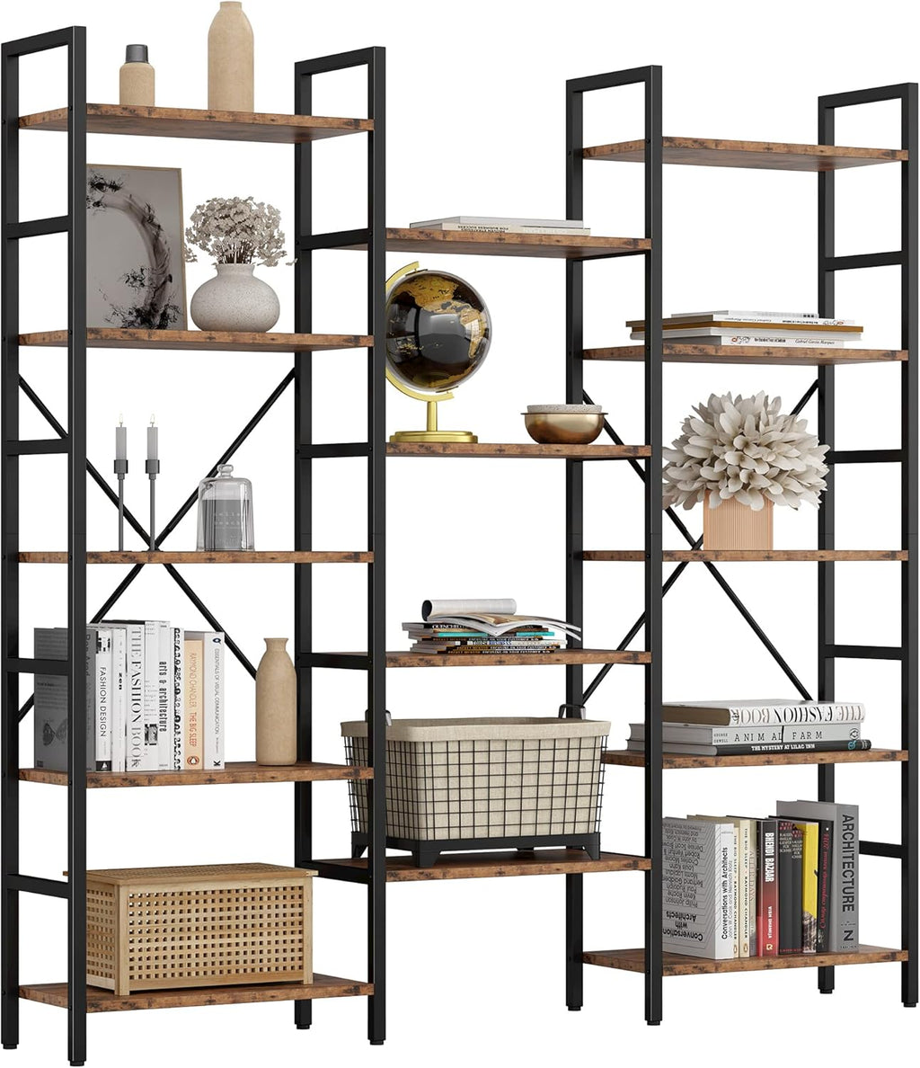 Triple Wide 5 Tiers Industrial Bookshelf with Metal Frame V663