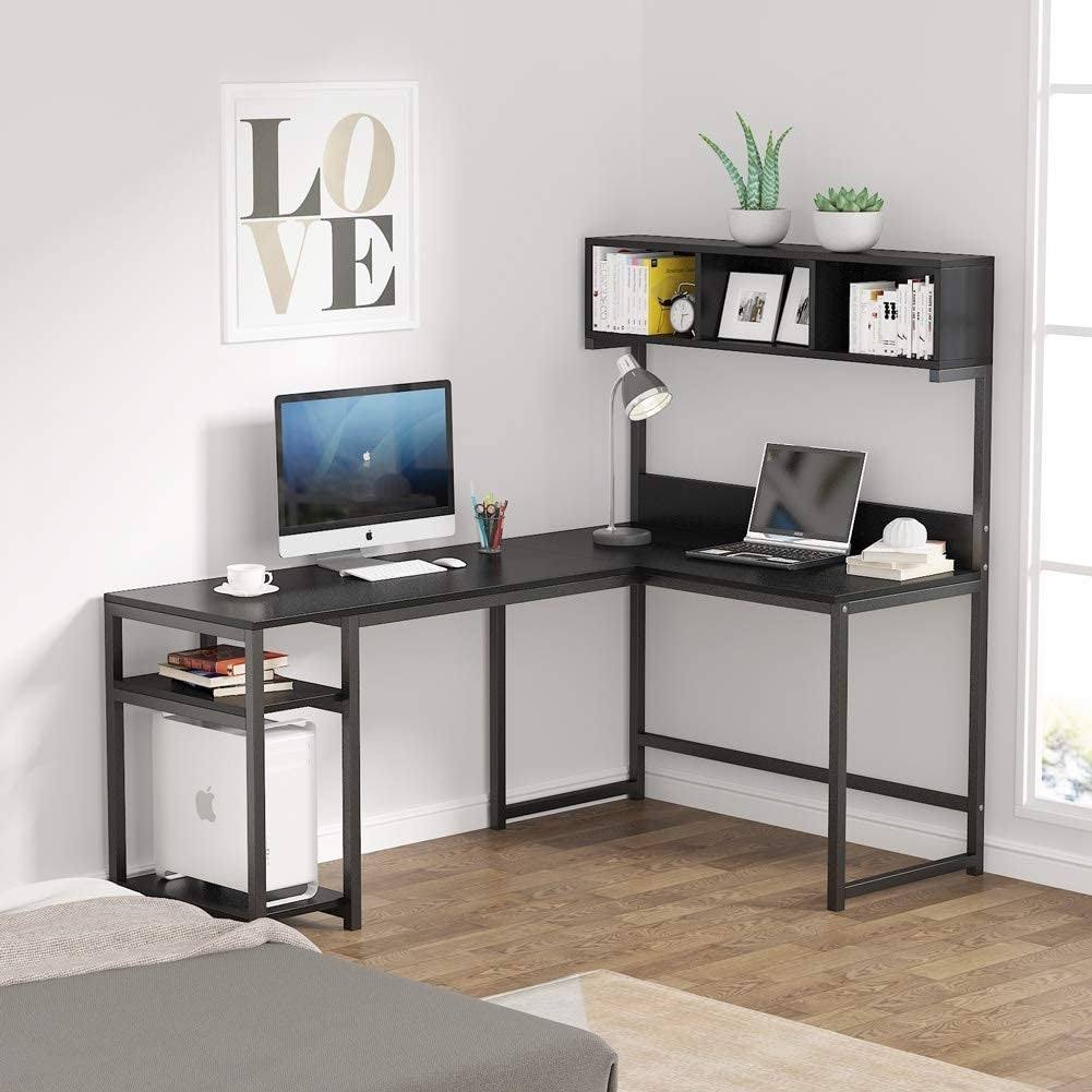 L Shaped Desk with Storage Hutch Shelf W1026