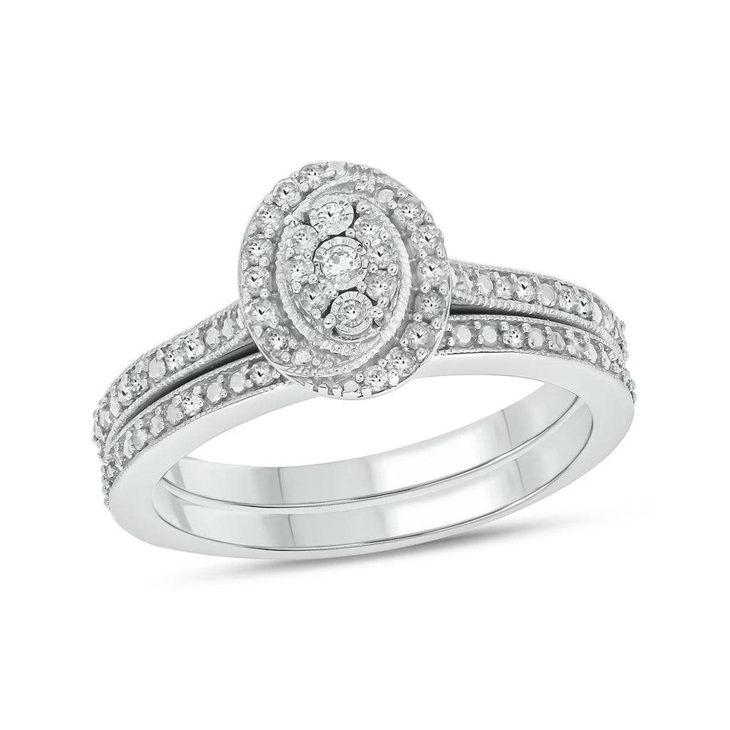 925 Sterling Silver Oval Diamond Engagement Ring and Wedding Band Set B239715